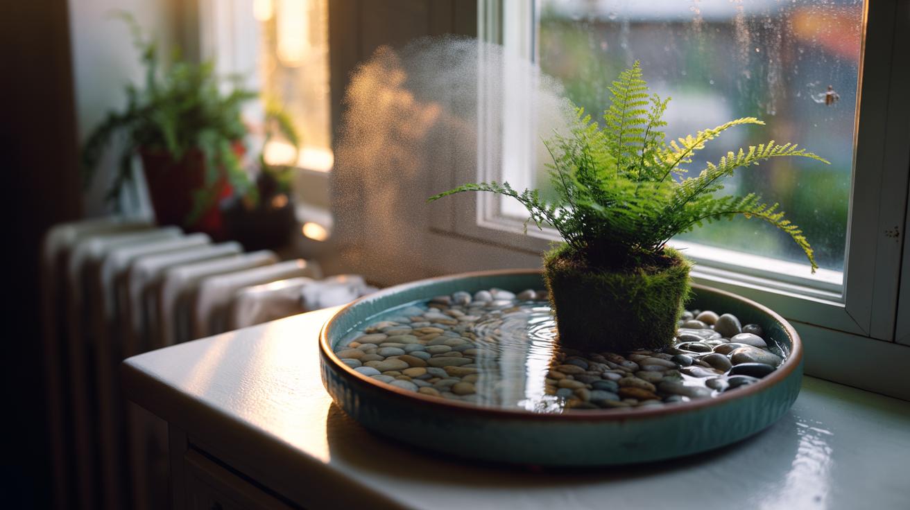 Illustration of a pebble tray filled with stones and water beneath a potted houseplant, evaporating moisture to boost indoor humidity