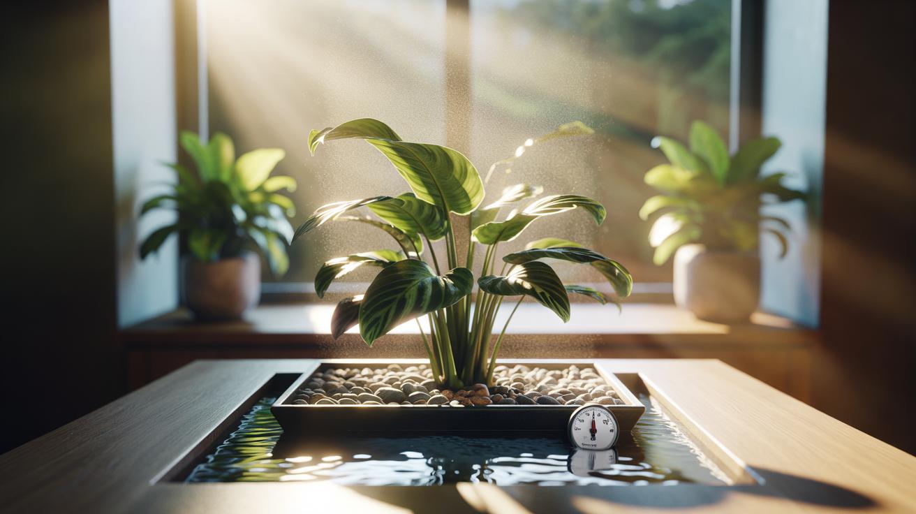 Illustration of a tropical houseplant placed on a pebble tray with water, showing evaporation raising local humidity