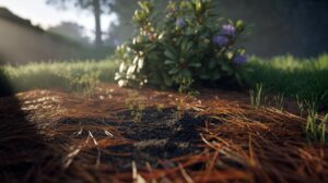 Illustration of pine needle mulch suppressing weeds and gently acidifying soil through natural resins