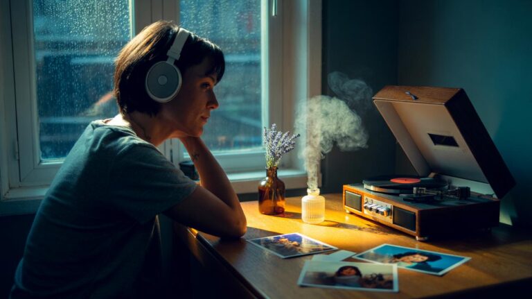 Illustration of a person using music, scent, and photographs as memory cues to recall positive past experiences and lift low mood