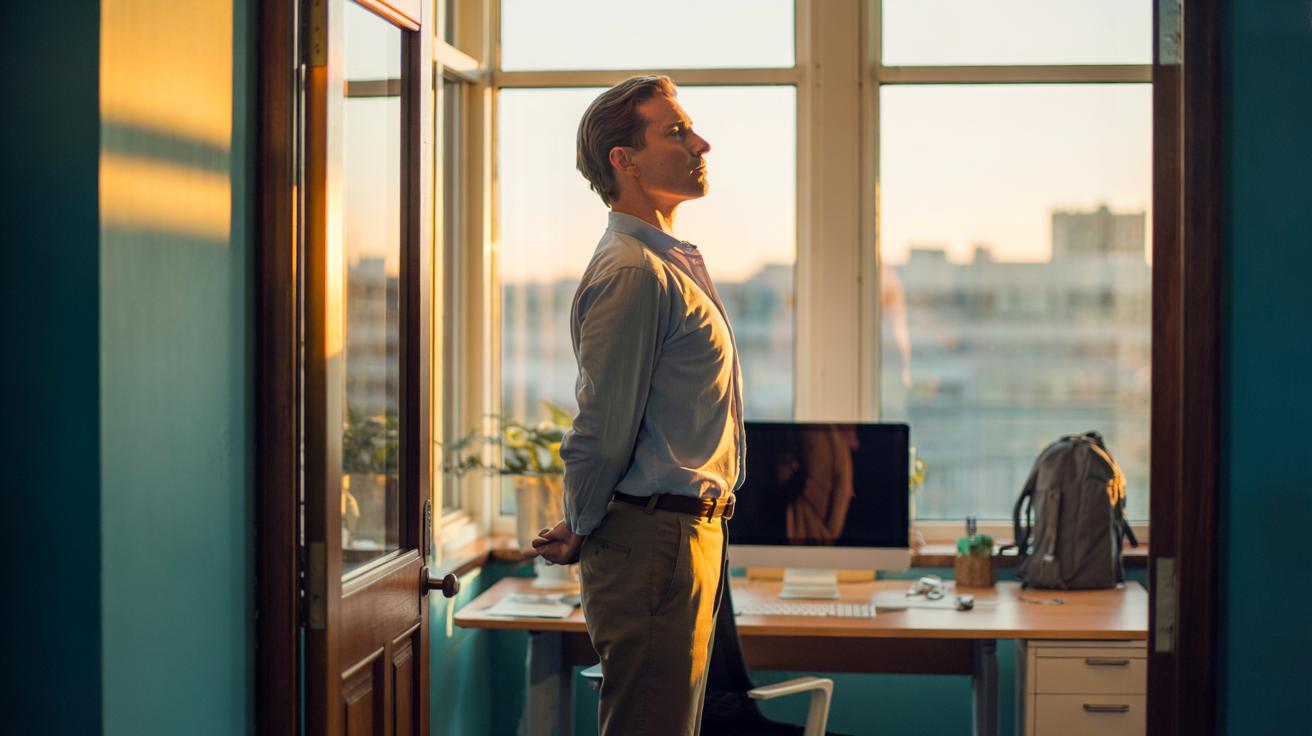 Illustration of a person practising an upright posture reset—neutral pelvis, open chest, chin tuck—to boost confidence