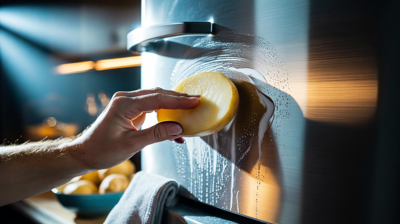 Illustration of a hand polishing a stainless steel surface with a raw potato slice, buffing away water marks with natural starches