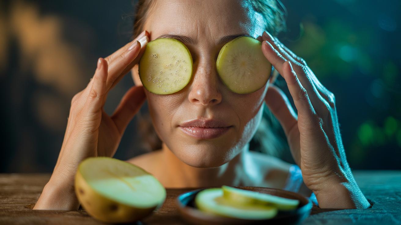 Illustration of potato slices applied under the eyes to help lighten dark circles through catalase breaking down hydrogen peroxide