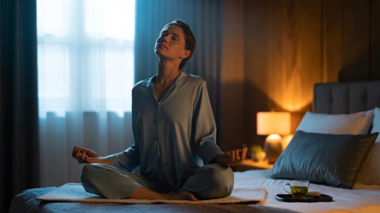 Illustration of a person performing gentle pre-bed stretching with slow breathing in a dimly lit bedroom
