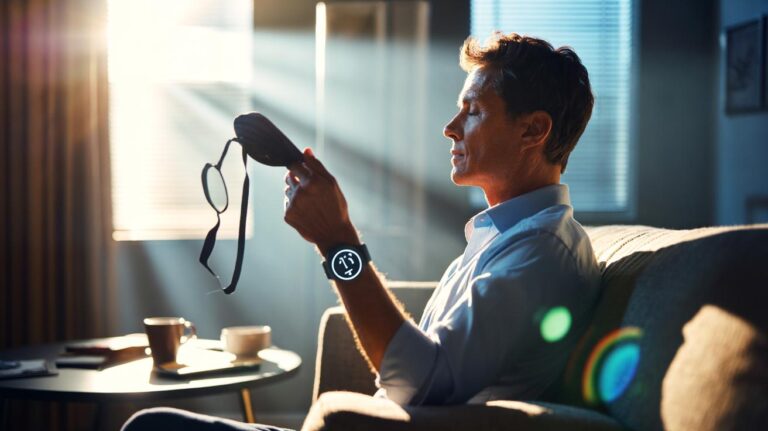 Illustration of a short afternoon power nap, timed 10–20 minutes with an alarm and coffee nearby, to boost alertness and prevent the post-lunch slump