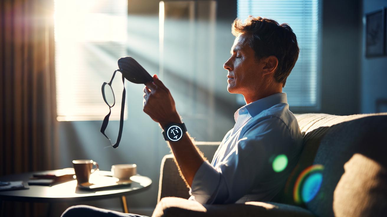 Illustration of a short afternoon power nap, timed 10–20 minutes with an alarm and coffee nearby, to boost alertness and prevent the post-lunch slump