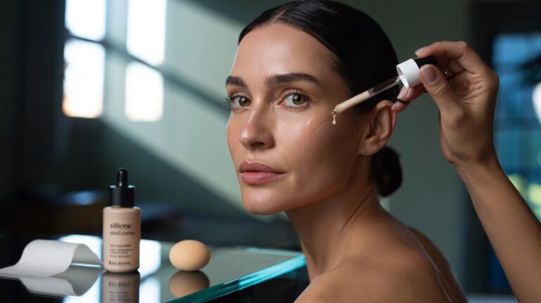 Illustration of a person applying lightweight skincare to balance hydration and oil before foundation for all-day makeup wear