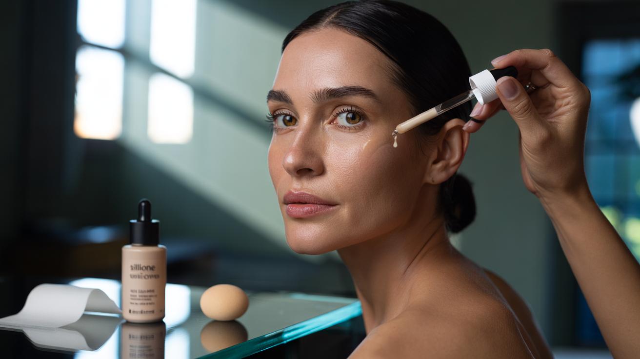 Illustration of a person applying lightweight skincare to balance hydration and oil before foundation for all-day makeup wear