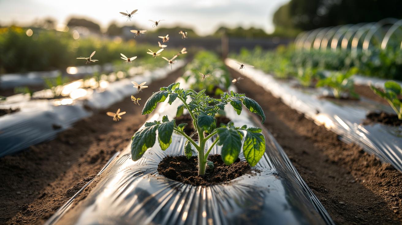 Illustration of reflective mulch around vegetable plants reflecting sunlight to confuse flying pests such as whitefly and aphids
