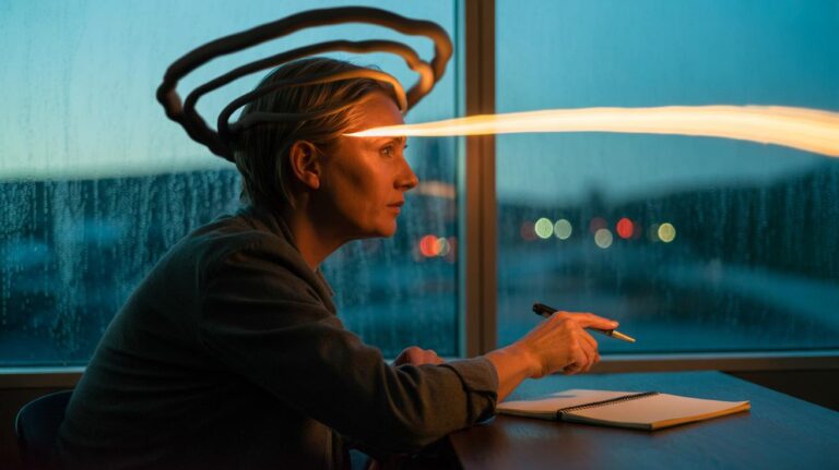 Illustration of a person using a reframing question to interrupt rumination and regain focus