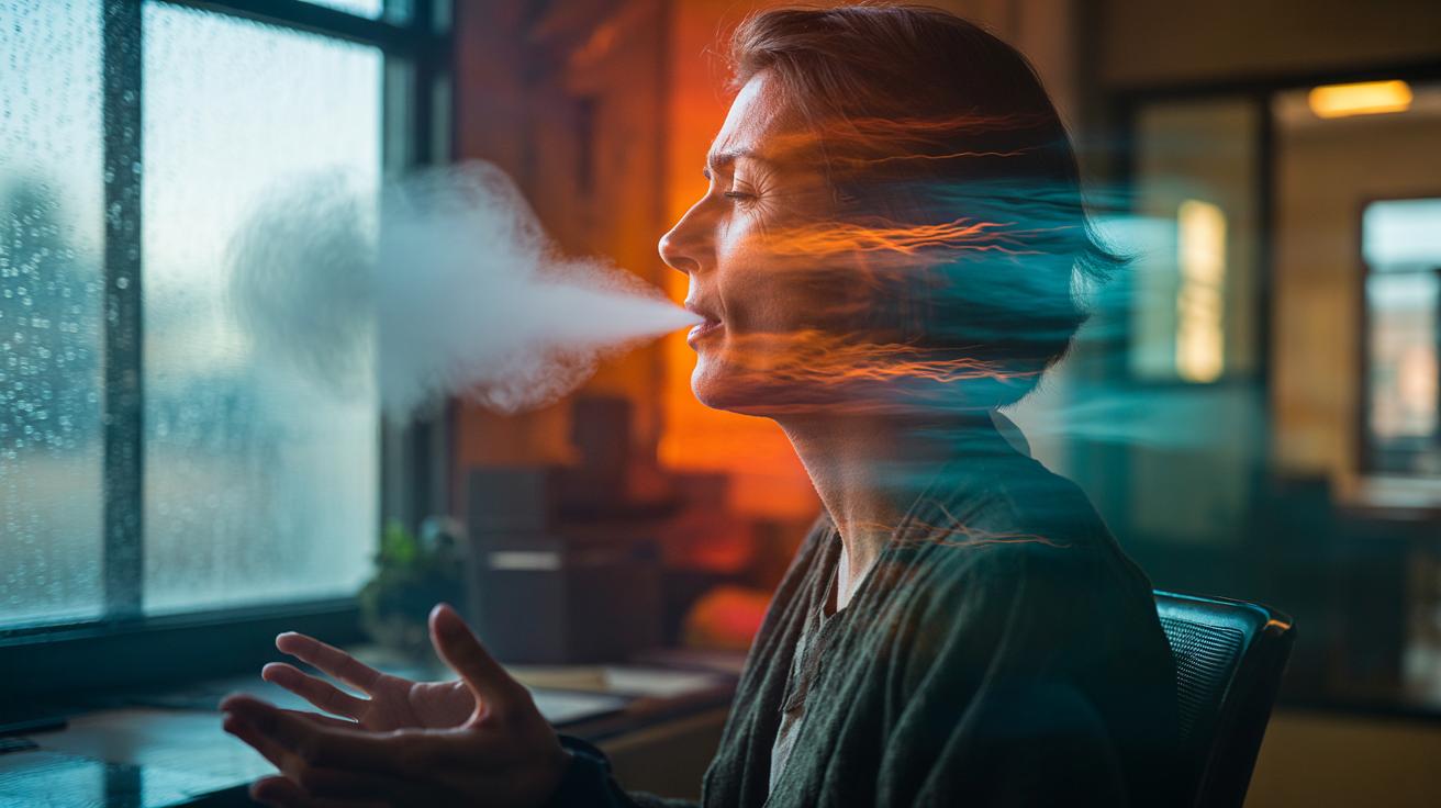 Illustration of a person practicing the reset-breath pattern—double inhale, long exhale—to cool emotional spikes and reduce irritation