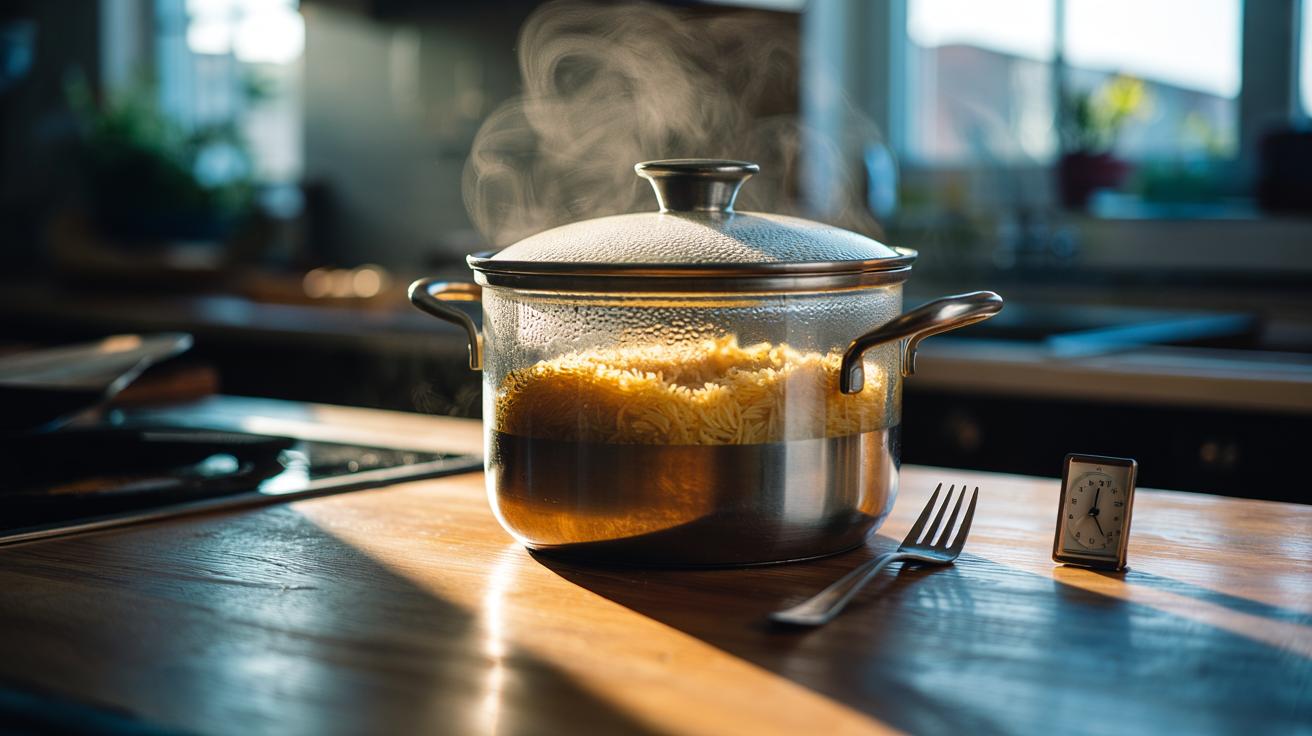 Illustration of the resting-rice trick that stops stickiness, showing steam redistribution in a covered pot to separate grains