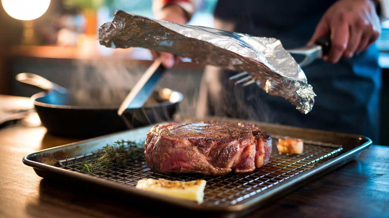 Illustration of cooked meat resting on a wire rack under a loose foil tent to let juices redistribute evenly