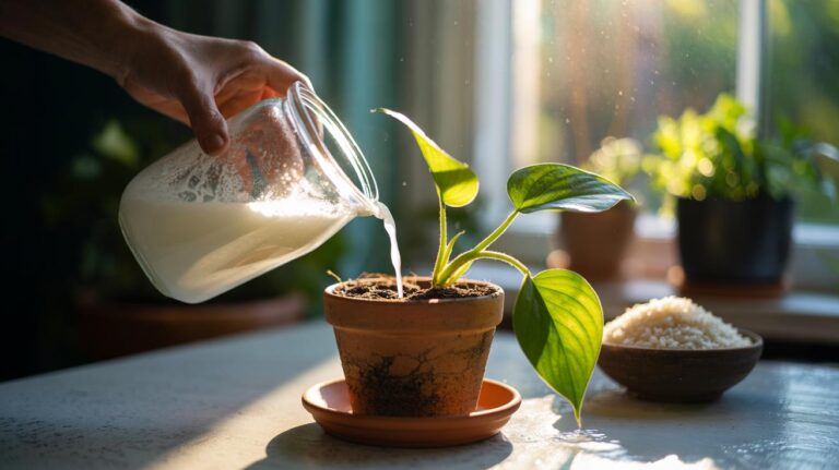 Illustration of pouring diluted rice water from a glass jar onto a potted indoor plant, showing how leftover starch feeds beneficial soil microbes