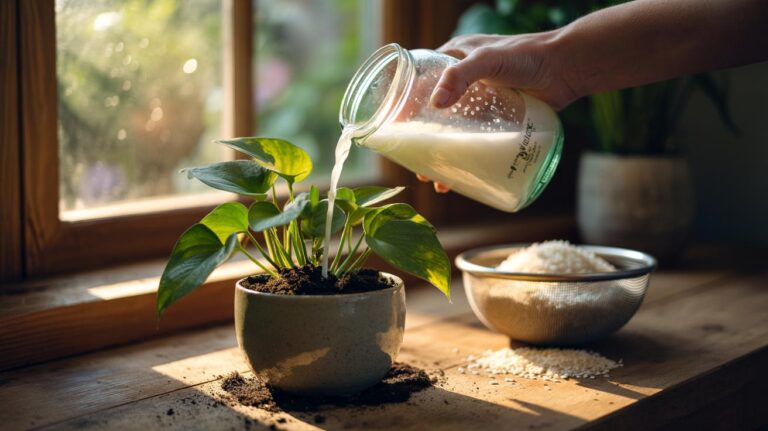 Illustration of diluted rice-water rinse being poured into a potted indoor plant to encourage new growth