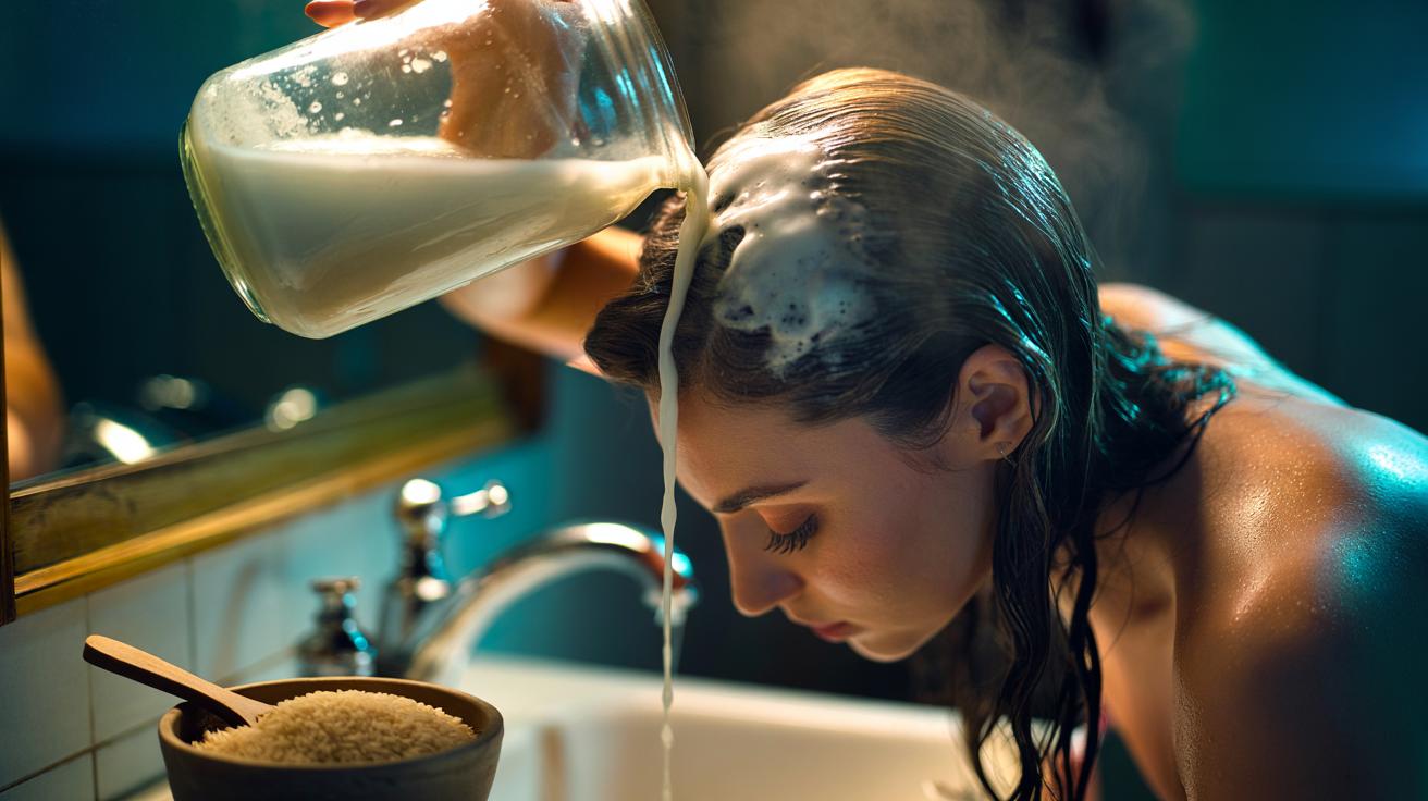 Illustration of fermented rice water being applied to hair to strengthen roots and encourage thicker growth