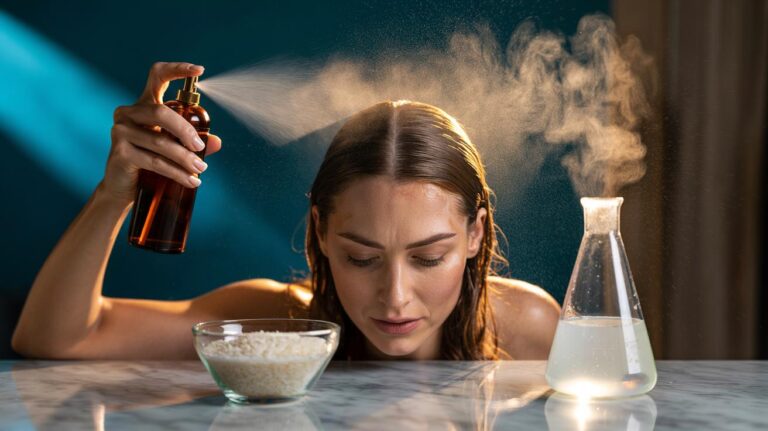 Illustration of spraying rice water onto the scalp to strengthen hair roots with inositol