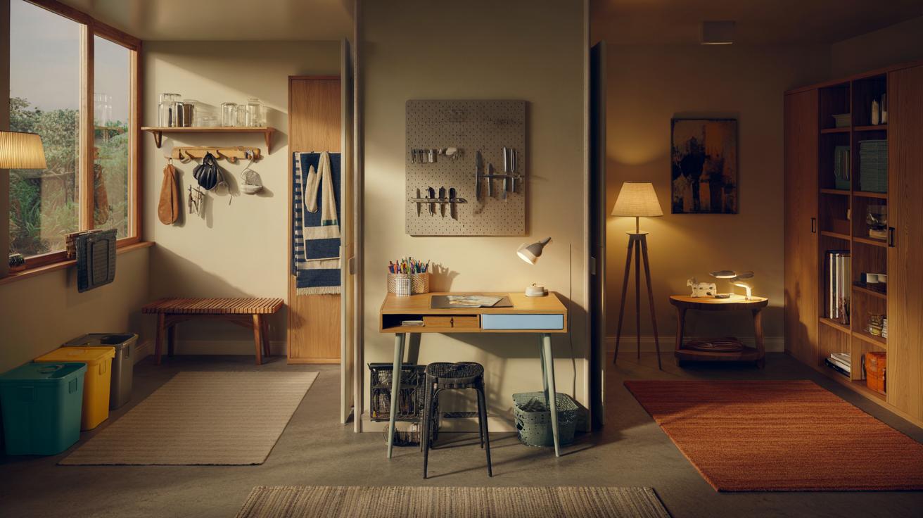 Illustration of a home interior divided into clearly defined zones—entry landing, homework nook, kitchen prep, and reading corner—to reduce chaos and keep the household organised