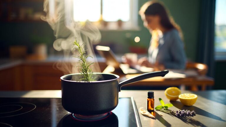 Illustration of a rosemary sprig simmering in a small saucepan on the hob, releasing aromatic steam to boost memory and mood