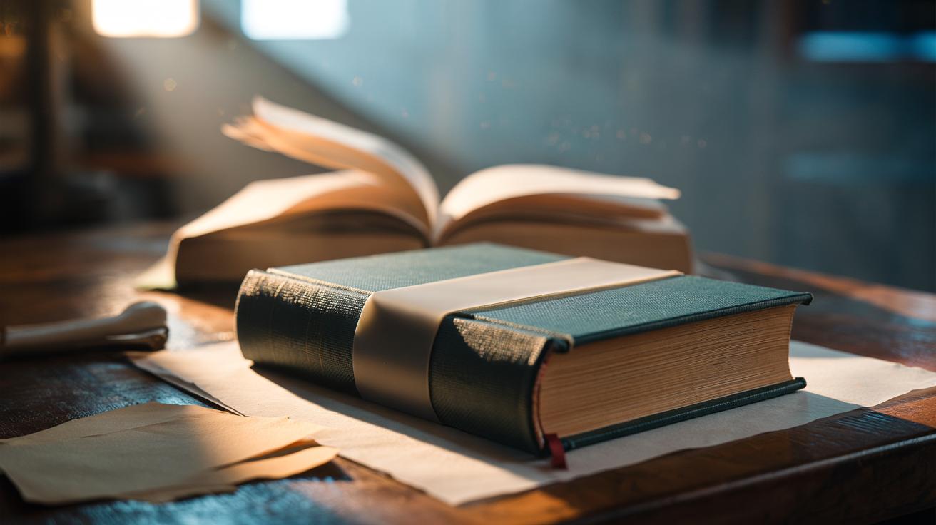 Illustration of a hardcover book wrapped with a wide silicone rubber band to keep the pages flat and stop curling