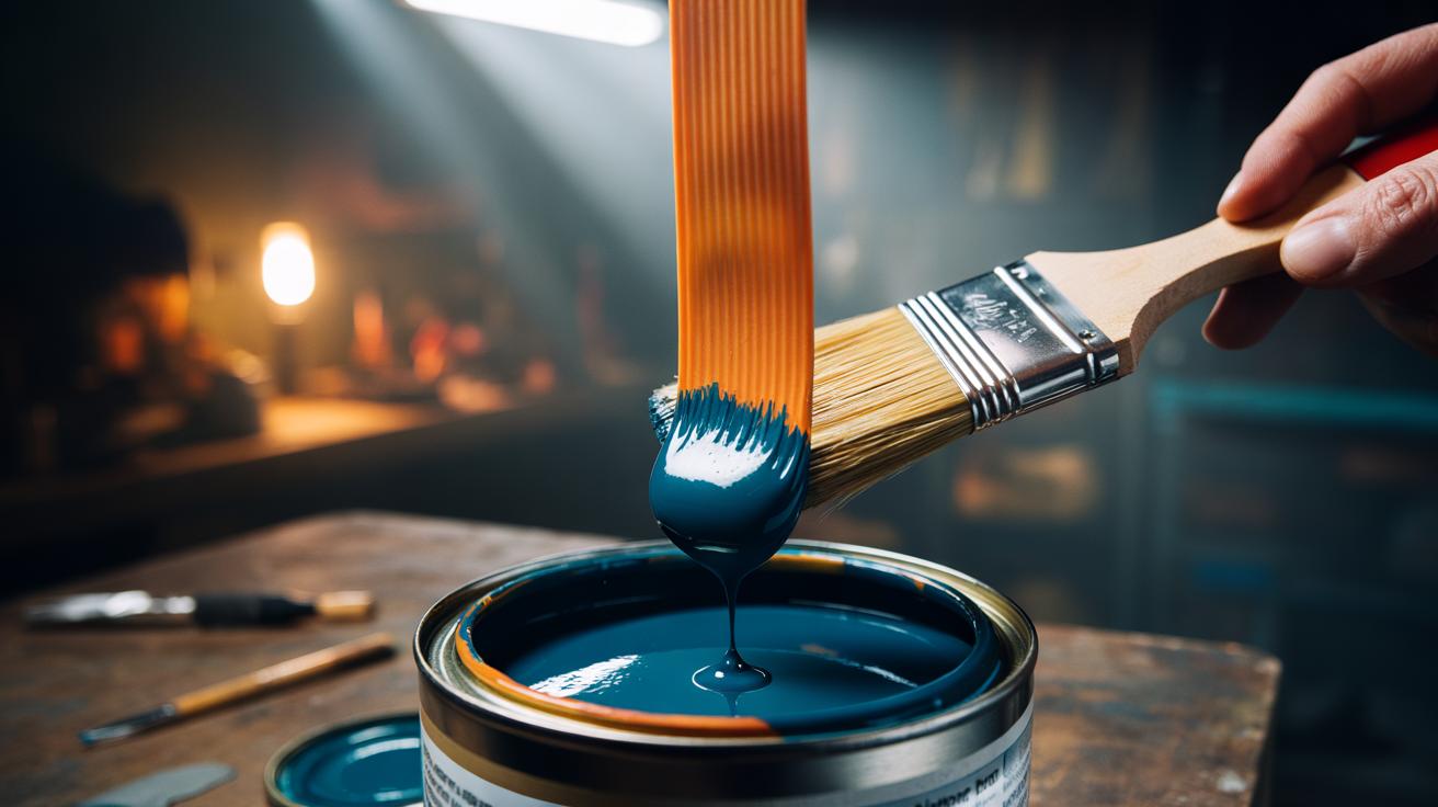 Illustration of a paint can with a taut rubber band stretched vertically across the opening, used as a central wiping edge while a brush removes excess paint