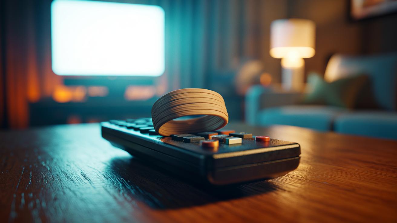 Illustration of a TV remote control with a rubber band wrapped around the battery compartment to keep the batteries from falling out