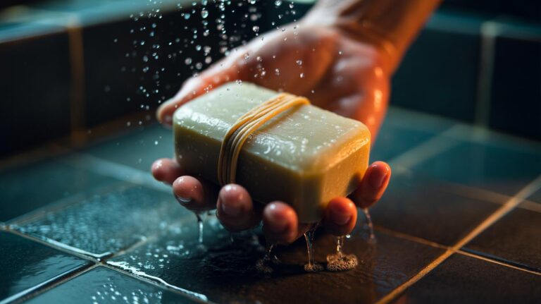 Illustration of a bar of soap wrapped with a rubber band to prevent slipping in the shower