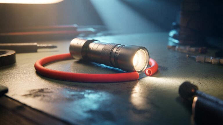 Illustration of a cylindrical flashlight on a tabletop with a rubber band around its body creating a flat edge to prevent rolling