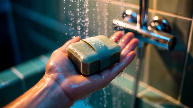 Illustration of a bar of soap with a rubber band around it to prevent slipping in the shower.