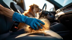 Illustration of a hand in a rubber glove sweeping dog hair off a car seat, with static causing the fur to clump in one pass
