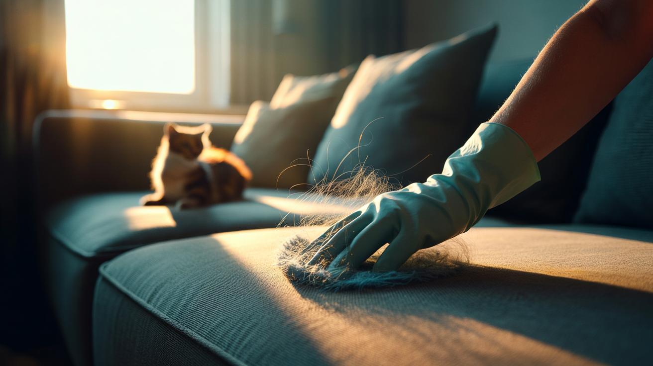 Illustration of a rubber-gloved hand swiping a fabric sofa to lift pet hair using static electricity