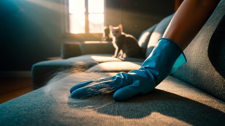 Illustration of a rubber-gloved hand swiping a fabric sofa to lift pet hair using static electricity