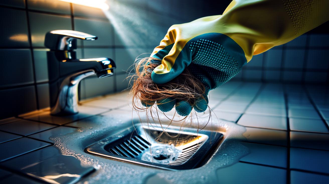 Illustration of [a textured rubber glove pulling a hair clog from a bathroom drain in one tug]