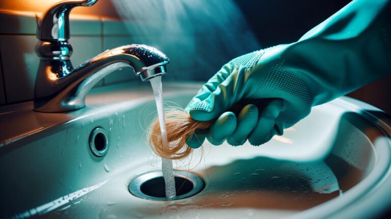 Illustration of a textured rubber glove pulling a hair clog from a bathroom drain