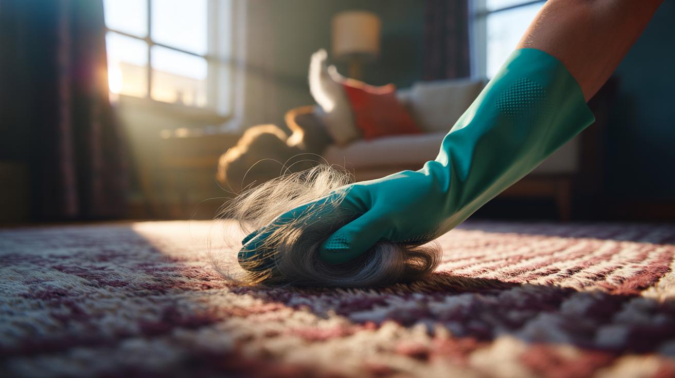 Illustration of a rubber glove removing pet hair from a carpet using static electricity