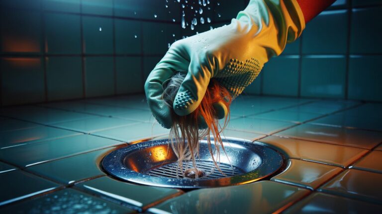 Illustration of a micro-textured rubber glove gripping and lifting a hair clog from a shower drain