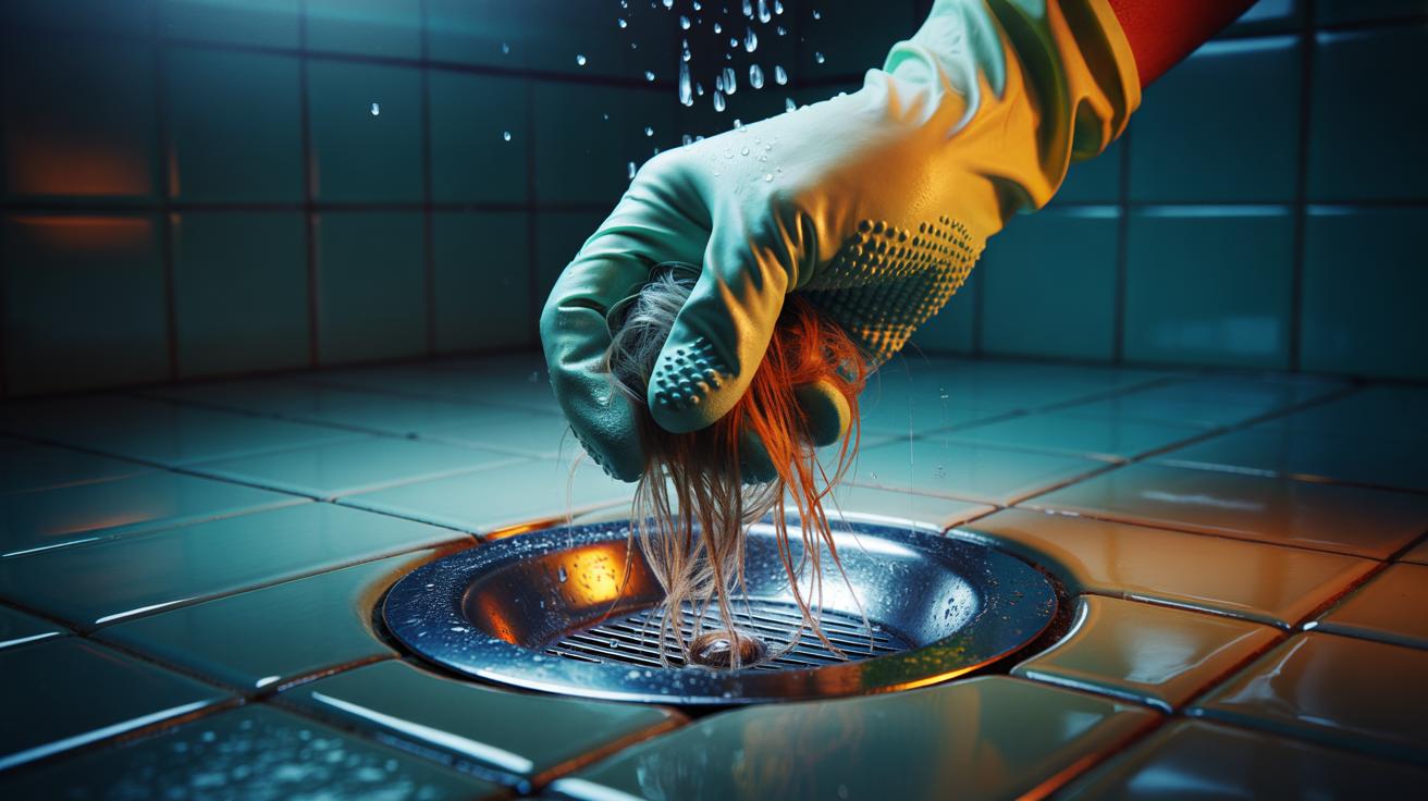 Illustration of a micro-textured rubber glove gripping and lifting a hair clog from a shower drain