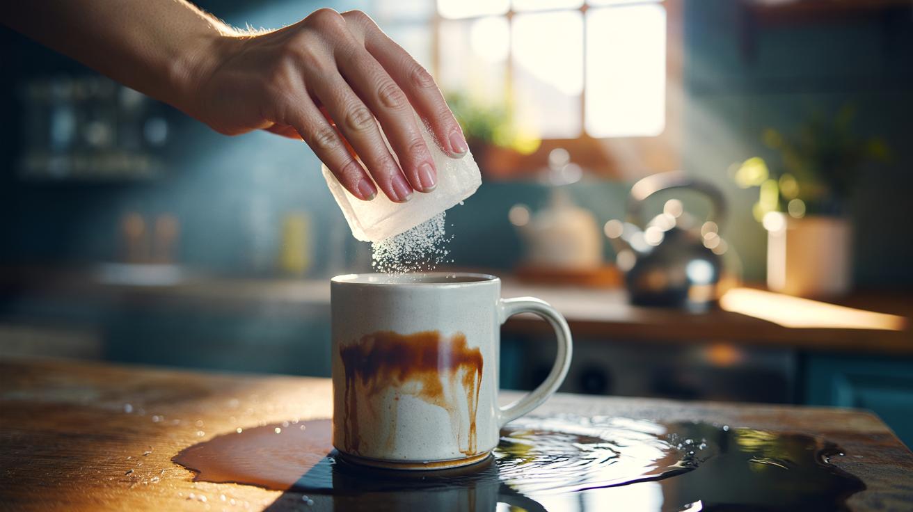 Illustration of a person using coarse salt and ice to scrub tea stains inside a white ceramic mug