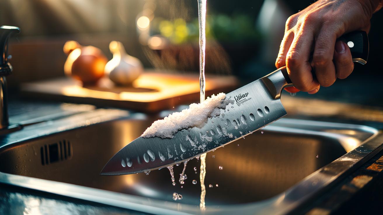 Illustration of a chopping knife being rinsed with a warm salt-and-water solution to remove lingering odours