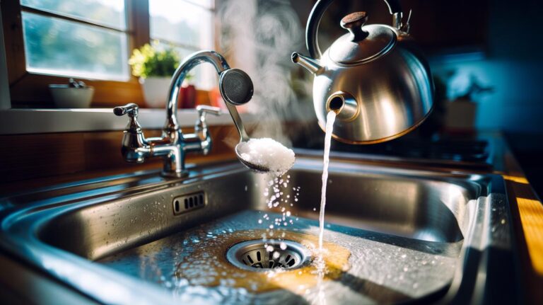 Illustration of pouring boiling water and salt into a kitchen sink drain to melt grease and unclog it