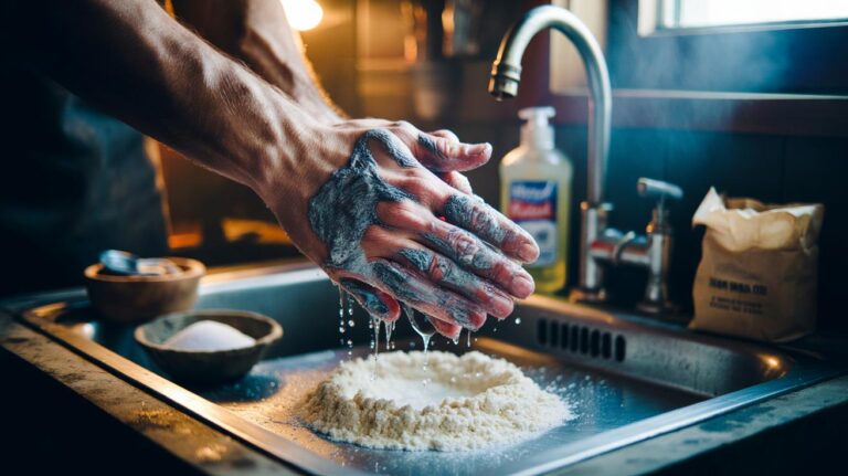 Illustration of hands rubbing a salt and flour paste to lift grease from skin at a sink