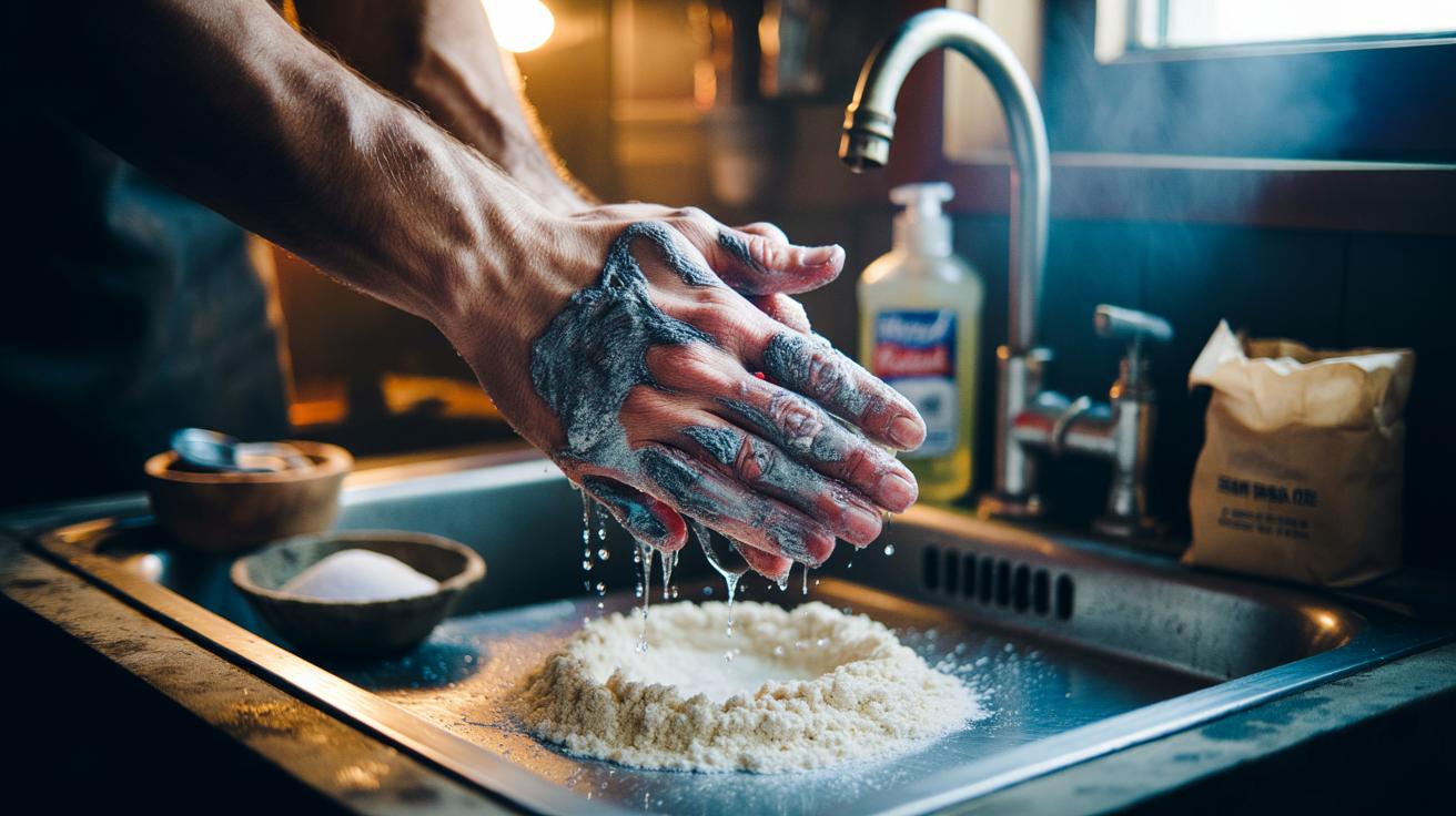 Illustration of hands rubbing a salt and flour paste to lift grease from skin at a sink