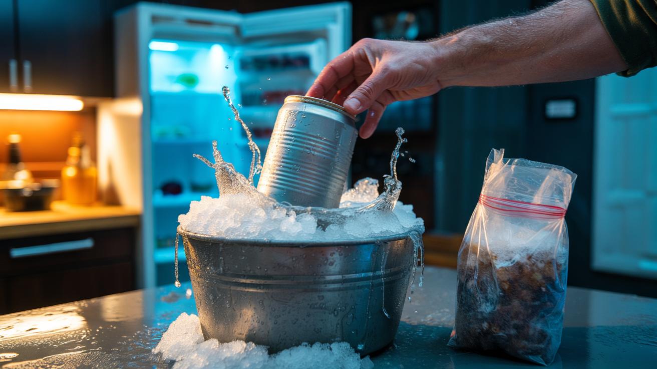 Illustration of a salt-and-ice pack wrapped around a drink to cool it faster than a freezer in under two minutes
