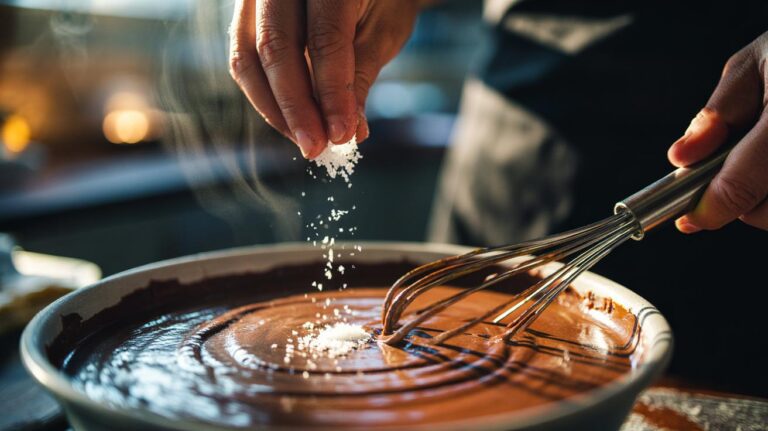 Illustration of a pinch of salt being sprinkled into chocolate cake batter to deepen chocolate flavour and amplify cocoa notes