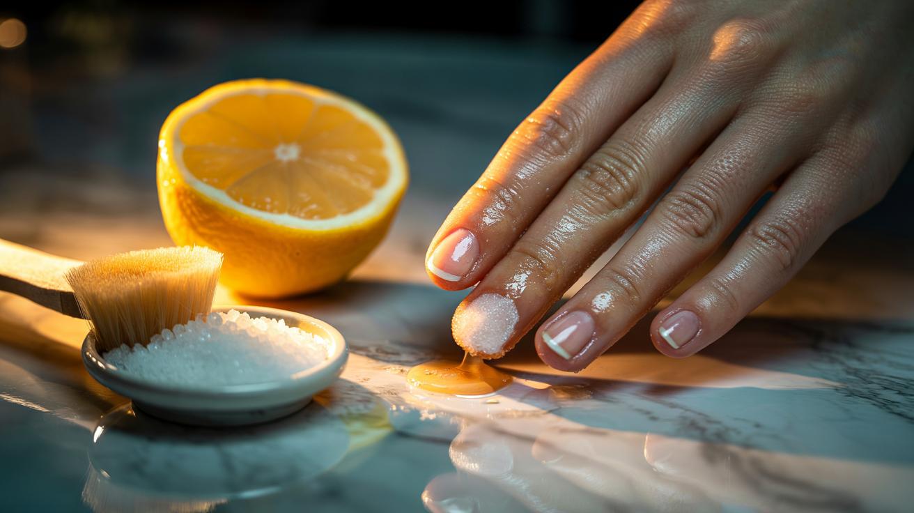 Illustration of a close-up of a hand applying a salt and lemon paste to yellowed fingernails for quick natural whitening