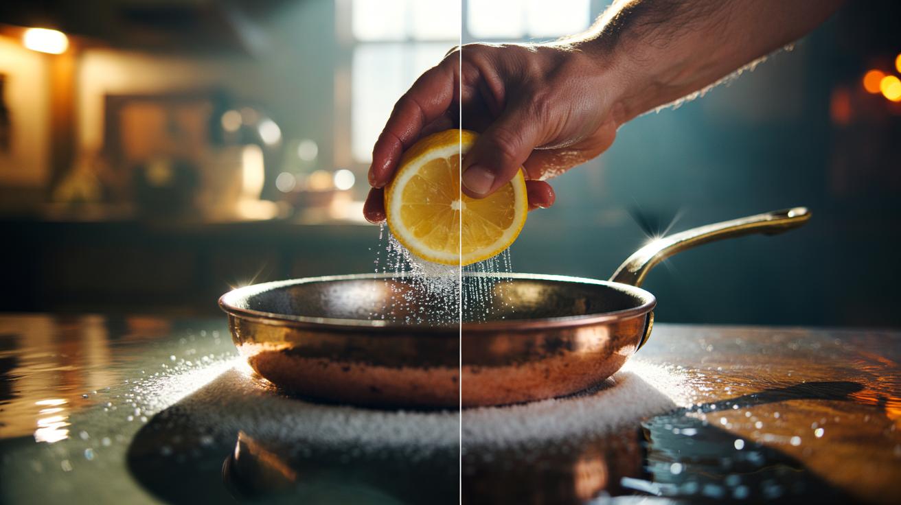 Illustration of a copper pan being scrubbed with half a lemon and salt to remove tarnish and restore a bright shine