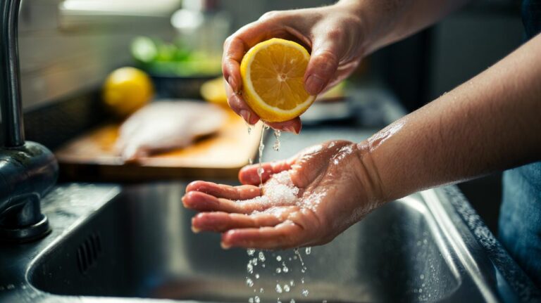 Illustration of hands being scrubbed with a salt and lemon paste to neutralise fish odour