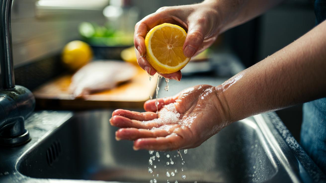 Illustration of hands being scrubbed with a salt and lemon paste to neutralise fish odour