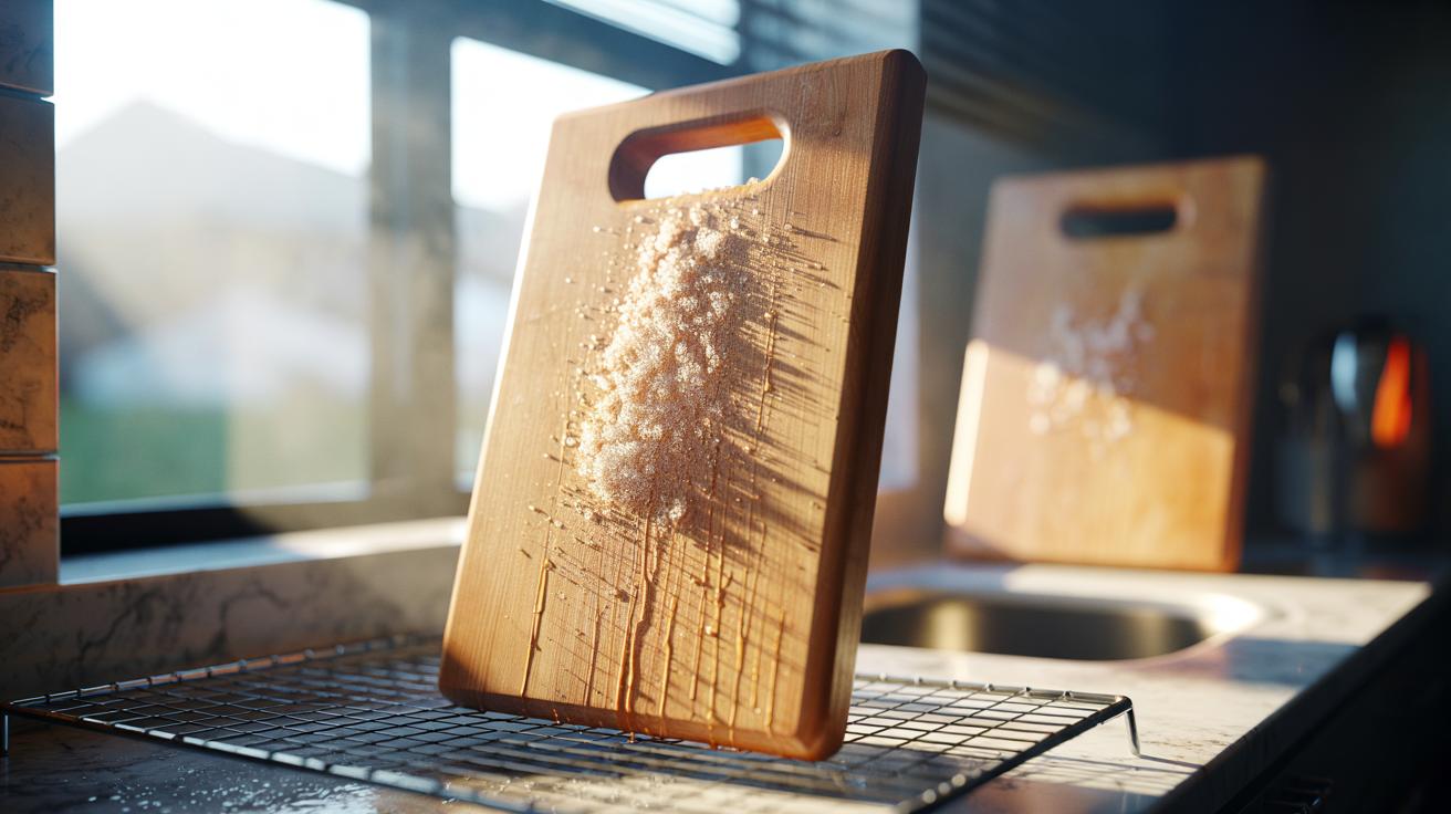 Illustration of coarse salt sprinkled on a wooden cutting board to draw out moisture and prevent warping