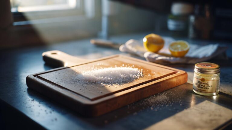 Illustration of coarse salt sprinkled on a wooden cutting board to draw out excess moisture and prevent warping